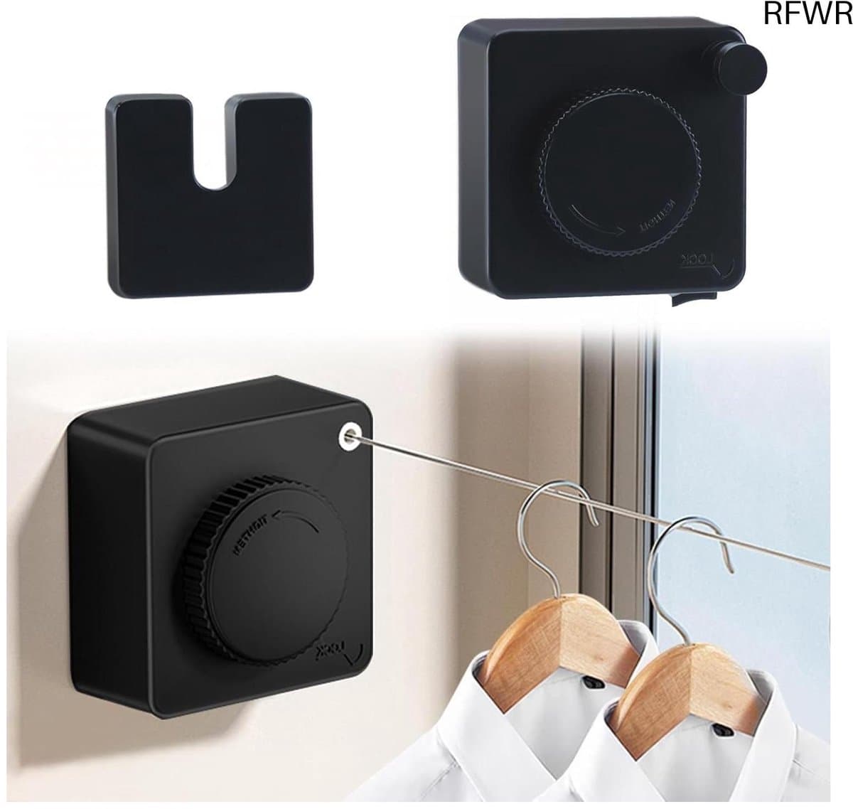 RFWR® Uitschuifbare waslijn, 4,8 m, intrekbare wandmontage, roestvrij stalen touw, niet doorhangend — afbeelding 1