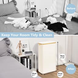 ROSOS Wasmand met deksel, 65L opvouwbare smalle wasmand met uitneembare waszak, slanke wasmand beige, wasverzamelaar met deksel en bamboe handvat, smalle en hoge wasmand met deksel — thumbnail 2