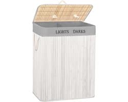 Springos Dubbele Wasmand | 105 L | Met Deksel | Bamboe | Grijs