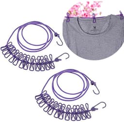 2 stuks - Elastische waslijn - Met 12 wasknijpers - Kampeerwaslijn - Kampeeraccessoires - Reiswaslijn voor buiten en binnen - Droogrek voor buitenkleding - Paars — thumbnail 1
