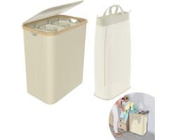 Wasmand 3 vakken - Wassorteerder van bamboe met Oxfordweefsel - Met Deksel opvouwbaar Opbergmand - 140L - Beige