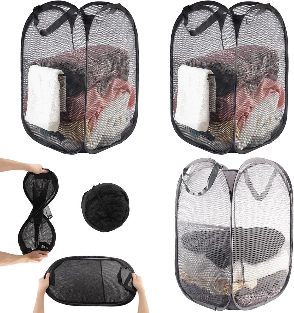Opvouwbare wasmand - Inklapbare wasmand - 3 stuks pop up wasmand met handvat - voor badkamer camping college kamer en reizen wasgoed - Wasmand — afbeelding 1