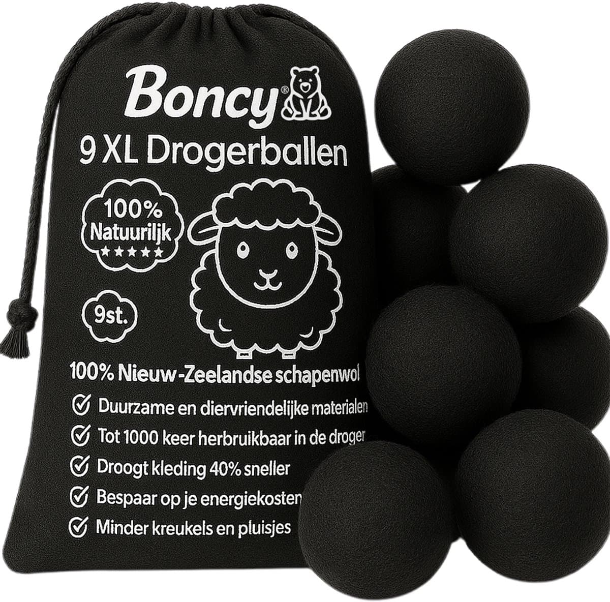 Boncy® Drogerballen - 9 Stuks Droogballen voor Wasdrogers - 100% Nieuw Zeelandse Schapenwol Wasdrogerballen - Energiebesparend & Duurzaam Cadeau - Wasballen voor Wasdroger Droogtrommel - Dryer Balls Wol Droger Ballen - Wasbol Wasbollen - Zwart — afbeelding 1