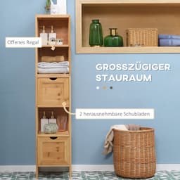 Kleankin badkamerkast hoge kast van bamboe met 3 planken en 2 lades - anti-kantelvoorziening - multifunctionele zijkast voor de badkamer — thumbnail 3