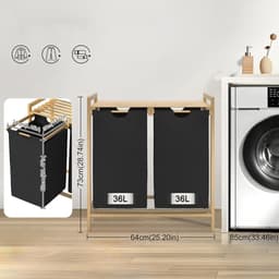 NAIZY Wasmand 2 compartimenten 36L wasbak wassorteerder met bamboe bovenplank en handgrepen wasbox waszak gemaakt van Oxford stof voor wasruimte badkamer, Zwart — thumbnail 2
