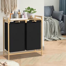 NAIZY Wasmand 2 compartimenten 36L wasbak wassorteerder met bamboe bovenplank en handgrepen wasbox waszak gemaakt van Oxford stof voor wasruimte badkamer, Zwart — thumbnail 4