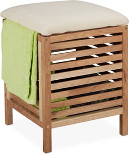 wasmand met kruk - 35 l - hout - stof - 51 x 39 x 39 cm - opbergkruk - naturel — thumbnail 1