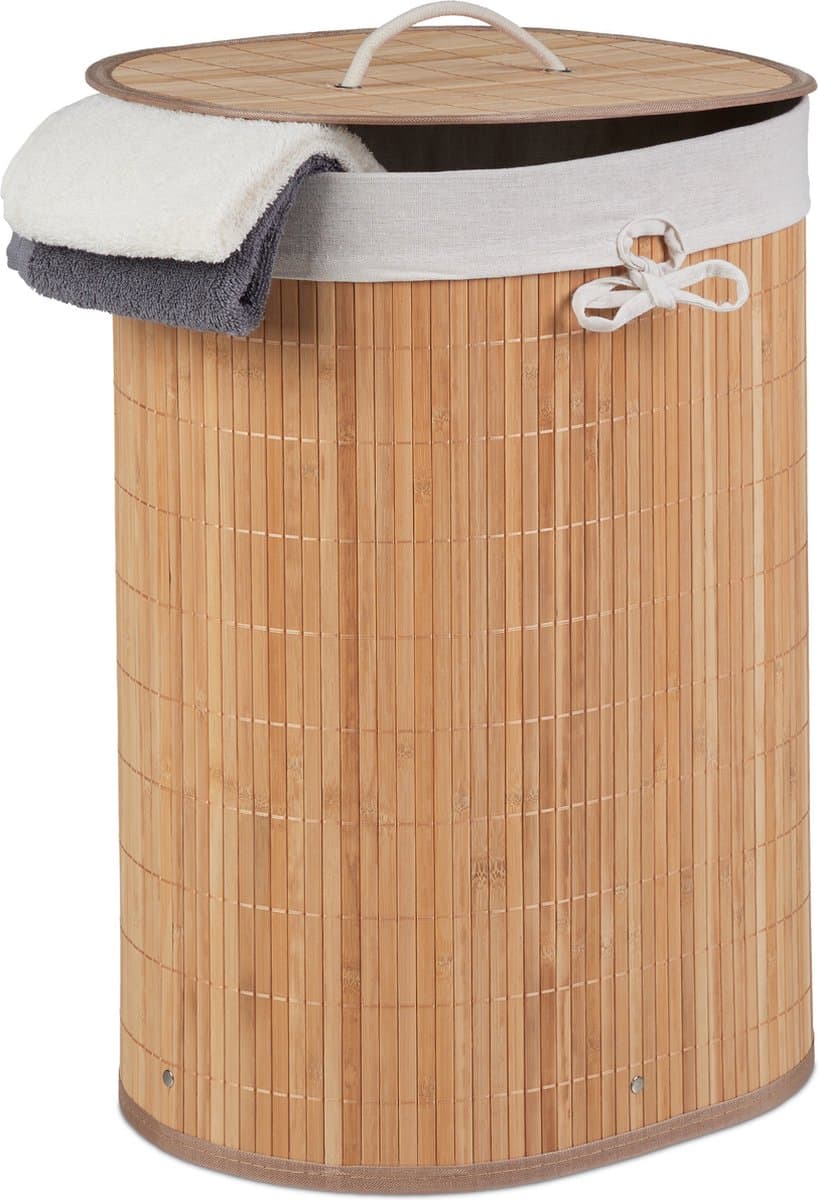 wasmand bamboe - 46 l - ovaal - opvouwbaar - met deksel en waszak — afbeelding 1