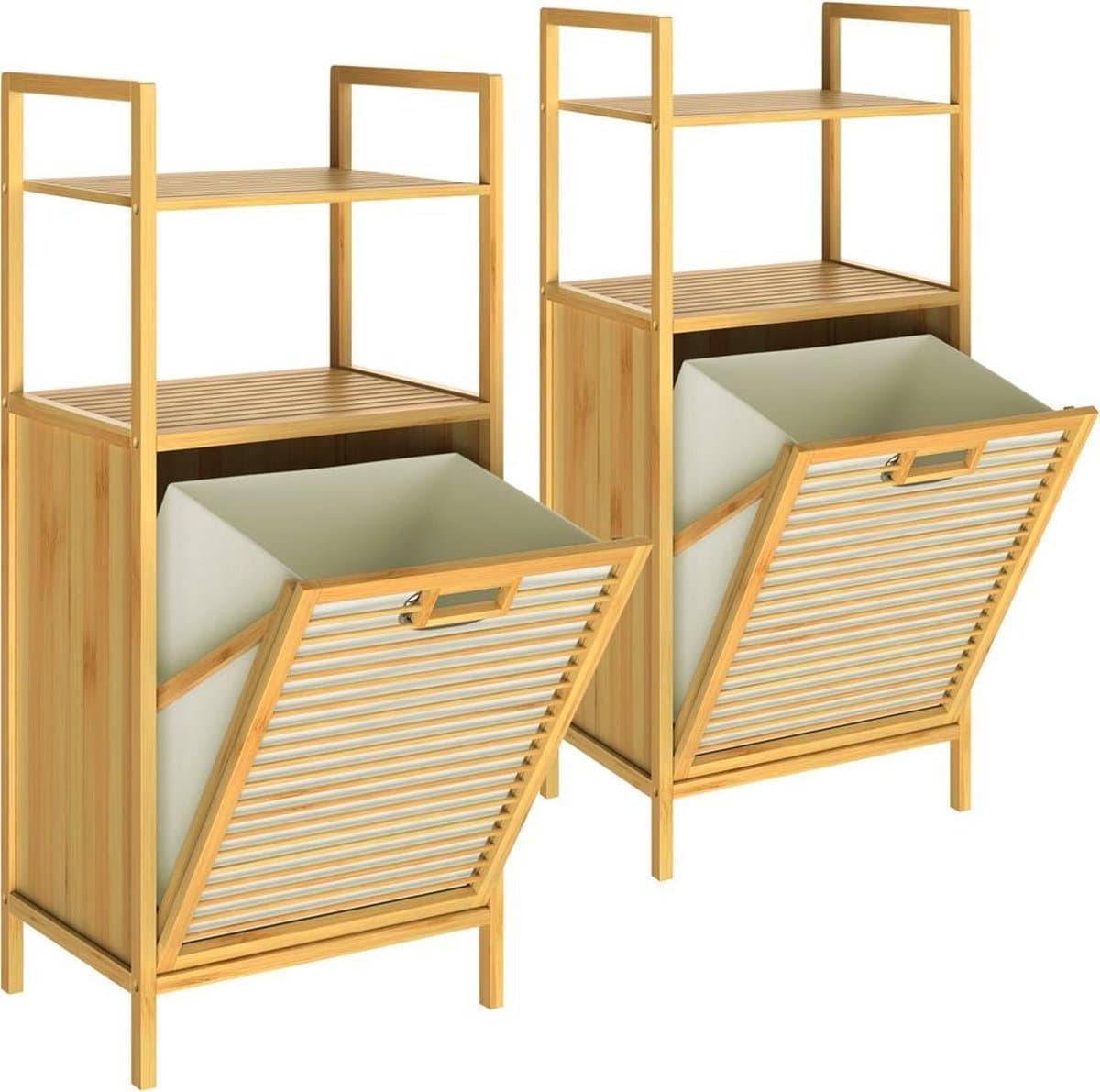 2x Badkamerrek met wasmand 70l bamboe badkamerkast 2 legplanken wassorteerder — afbeelding 1