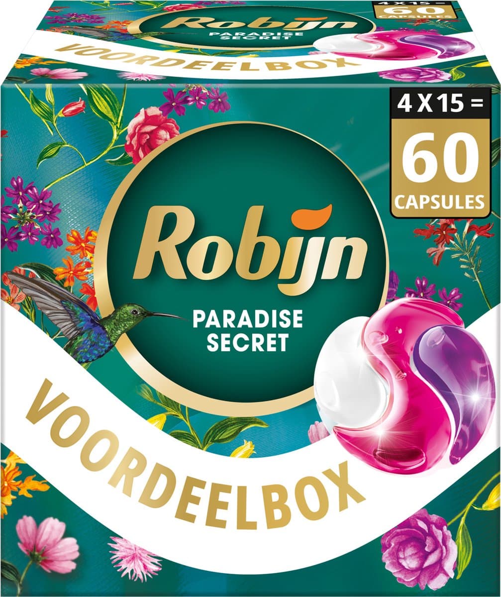 Robijn Wasmiddel - 3-in-1 Wascapsules - Color Paradise Secret - 4 x 15 stuks - 60 Wasbeurten - Voordeelverpakking — afbeelding 1