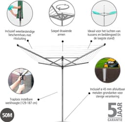 Brabantia Lift-O-Matic Droogmolen - 50 m - met Metalen Grondanker en Beschermhoes - Metallic Grey — thumbnail 5