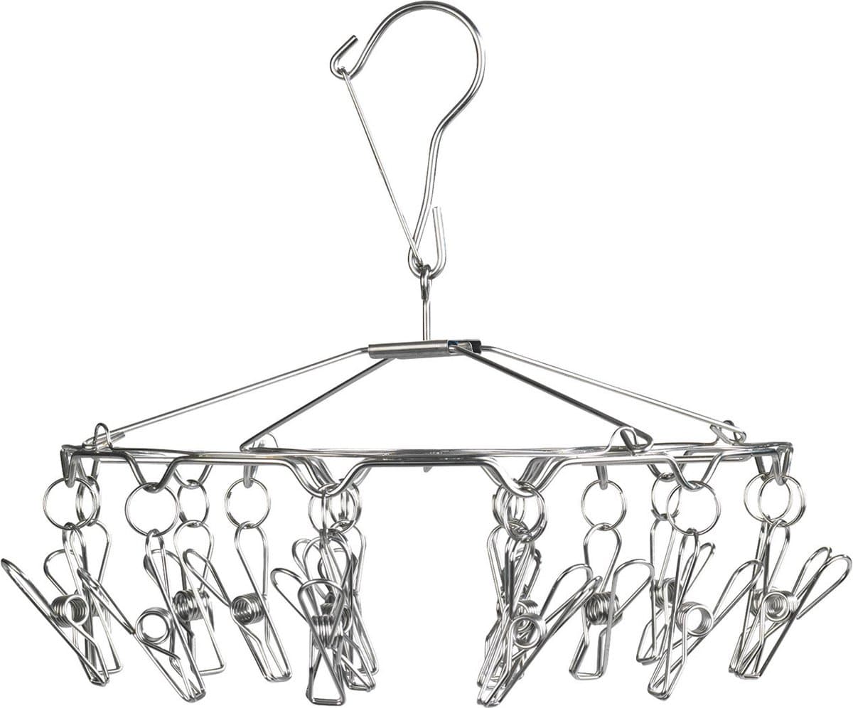 Droogcarrousel met knijpers - Droogrek sokken - Wasrekje - Kaartenhouder - Riemenhanger - Sierradenhouder - Kerstkaartenhouder - Tekeningen ophangen - Babykamer decoratie - Stropdashanger - 16 knijpers - RVS — afbeelding 1