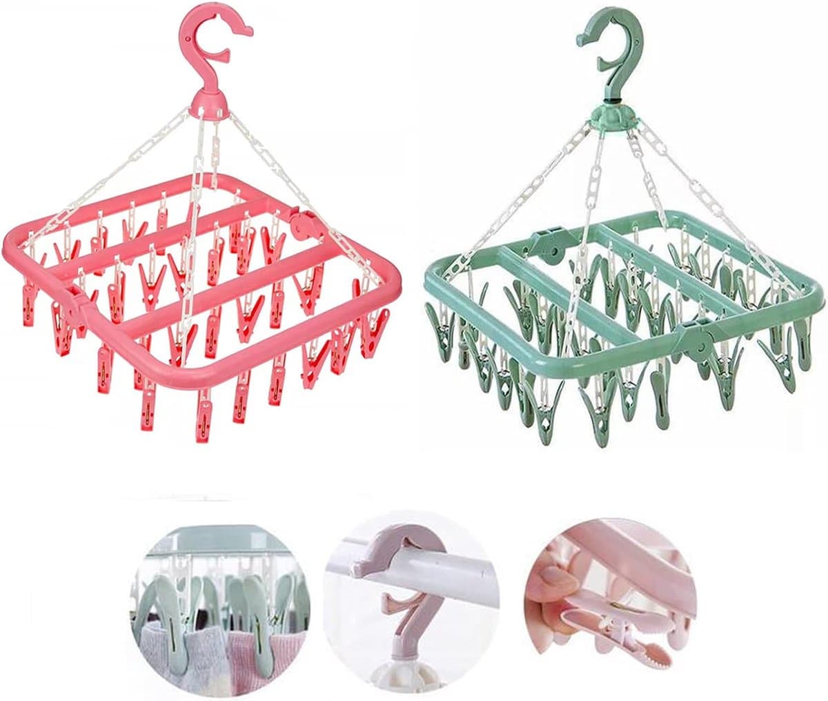 Sokkendroger Wasluchter, 2 stuks Clips Wasluchter met 64 Clips Sokken Kleren Bal Opvouwbare droogrek Sokken voor ondergoed Babykleding Kleine wasartikelen (roze, groen) — afbeelding 1