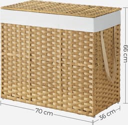 SONGMICS Wasmand met deksel, 160 L, wasverzamelaar 3 compartimenten, wassorteerder met wielen, in rotan look, waszak verwijderbaar, voor wasruimte, 70 x 36 x 66 cm, Natuurlijke kleuren — thumbnail 2