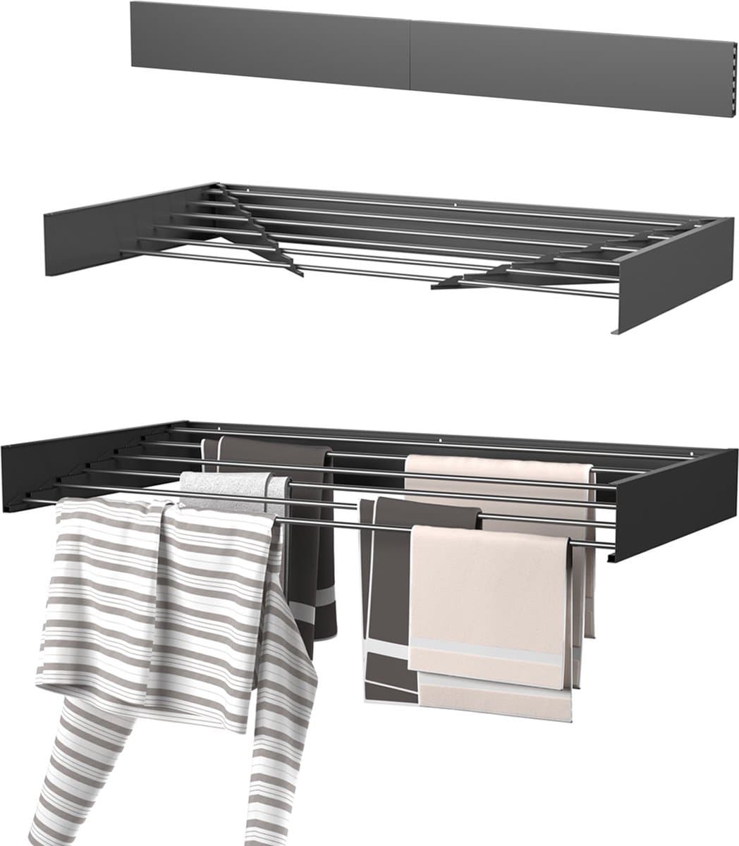 Wasophoogte® Wanddroogrek - Wandmontage Droogrek - Inklapbaar Droogrek - Muurdroogrek - Wasrek hangend - 100cm - 6m Drooglengte - Zwart — afbeelding 1