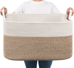 Opbergmand voor babyspeelgoed, vierkante laundry baskets, wasmand voor kinderkamer, groot, gevlochten mand voor dekens, hoofdkussens, gastendoekmand, 65 l, wit en bruin — thumbnail 1