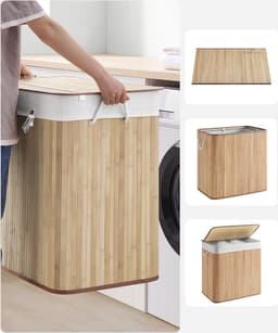Bamboe Wasbox 150 L - Opvouwbaar met Deksel en Handvaten - Was Sorteermachine met 3 Compartimenten - Machine Wasbare Katoenen Waszak - Natuurlijke Kleur - Geschikt voor de Wasruimte (LCB091N01) — thumbnail 5