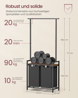 Wasmand 2 compartimenten - Wassorteerder met kledingrek - 2 x 46 L - uittrekbaar - afneembaar - metalen frame - bruinzwart - 73 x 33 x 177 cm — thumbnail 2