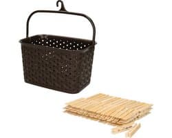 Wasknijpersmandje met ophanghaak - bruin - en 60x houten wasknijpers 7 cm - was ophangen — afbeelding 1