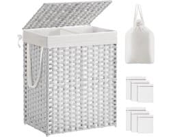 Wasmand met deksel, wasverzamelaar, 90 liter, 2 vakken, uitneembare waszak met handgrepen, handgevlochten, voor slaapkamer, badkamer, 33 x 46 x 60 cm, wit, LCB251W01V1