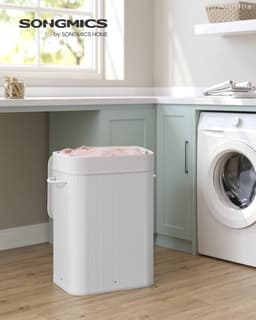 SONGMICS Wasmand met deksel (LCB010W01), 72 l, wasmand van bamboe, opvouwbaar, met afneembare wasbare zak, handgrepen, voor bijkeuken, slaapkamer, wit, 40 x 30 x 60 cm (L x B x H) — thumbnail 4