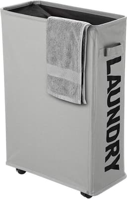 Wasmand met wieltjes, smalle wasmand voor kleine nissen, opvouwbare wasmand met handvat, rechthoekig, ruimtebesparende wasmand 600D-stof voor badkamer, wasruimte, 39 x 18,5 x 58 cm, lichtgrijs — thumbnail 1