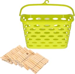 Wasknijpersmandje met haak - groen - en 100x houten wasknijpers 7 cm - was ophangen — thumbnail 1