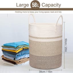 Hoge wasmand, grote wasmand van gevlochten touw met handgrepen, 50 cm x 38 cm, dekenmand, speelgoedmanden, wasmanden, ideaal voor woonkamer, kinderkamer en slaapkamer — thumbnail 3