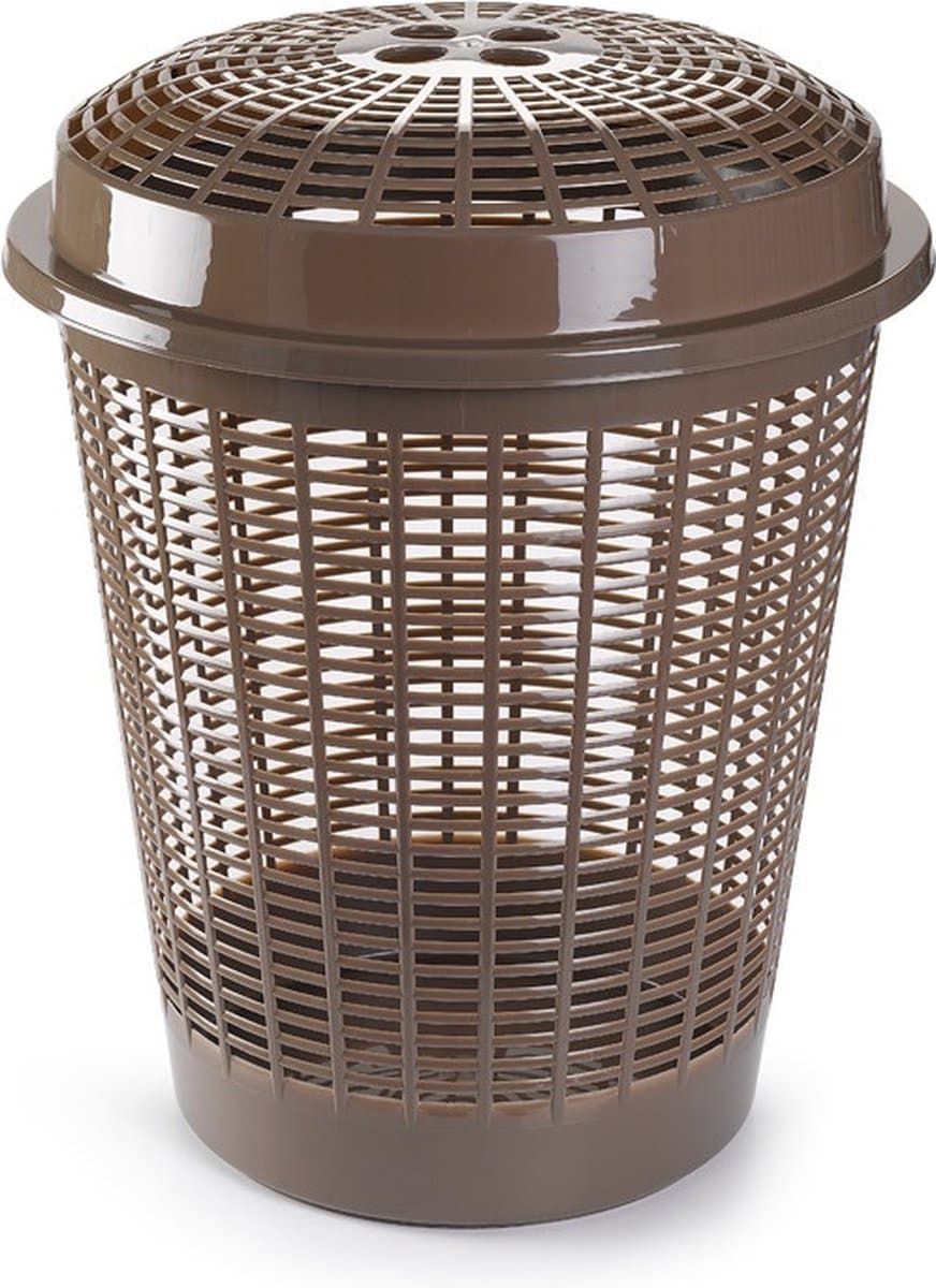 Plasticforte Wasmand met deksel - 50 liter - bruin - rond - D45 x H57 cm - opbergmand — afbeelding 1