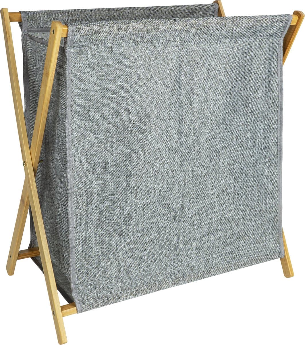QUVIO Wasmand - 40 liter - Wasmanden - Was sorteerder - Opbergmand - Wasbox - Inklapbaar - Houten frame - Stof - Grijs - 30 x 52 x 57 cm — afbeelding 1