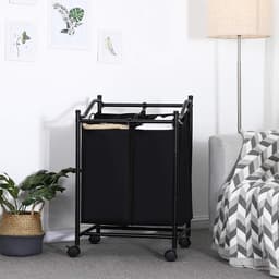 Wasmand met wielen en 2 vakken, wasmand, wasverzamelaar, waswagen met afneembare zakken, totale capaciteit 90 l, zwart, — thumbnail 3