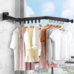 Droogrek Wandmontage Kledingrek 120cm Uitschuifbaar Opvouwbaar Kledingrek Muur met 18 Haken voor Balkon, Wasserij, Badkamer, Slaapkamer, Drievoudig — thumbnail 1