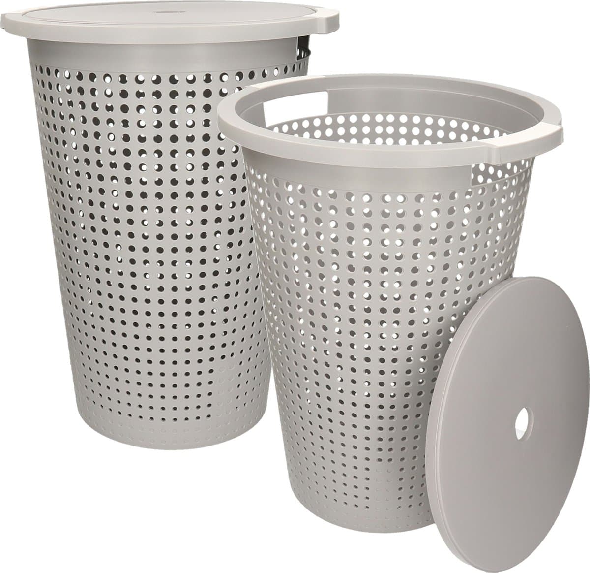 2x stuks kunststof wasmand met deksel rond grijs 35 liter - 40 x 52 cm — afbeelding 1