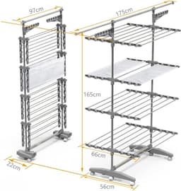 Zylo® Droogtoren 4 Verdiepingen - Droogtoren - Droogrek - met Wielen en Net - 66x165x177cm - Grijs — thumbnail 2