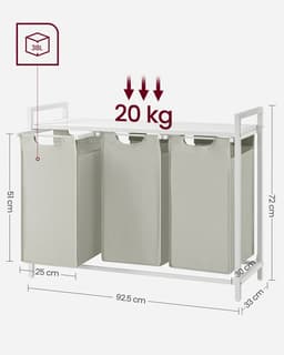 Emora Wasmand - Wassorteerder - 3 vakken - 114L - Metaal - Wit - Wasmanden uitschuifbaar - Wassorteerder 3 vaken — thumbnail 3