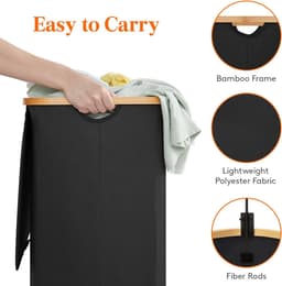 BOTC Wasmand 3 Vakken - Wassorteerder - 160L Capaciteit - Bamboe Wasmand met Deksel - 75*57*37cm - Zwart — thumbnail 2