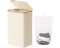 BOTC Wasmand - Wassorteerder - 105L Capaciteit - Bamboe Wasmand met Deksel - 73*44*33cm - Crème wit