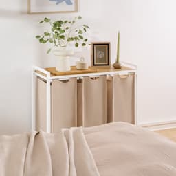 Blumtal Wasmand met 3 vakken - Wasmand met bamboe plank - Metalen frame - Wasmand met poten - Wit en creme — thumbnail 5