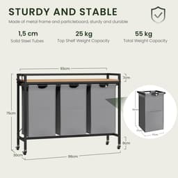 RM Store® - Uitschuifbare Wasmand Kast - Waswagen - 3 Compartimenten - Verwijderbare Waszak - Metalen Frame - 93 x 15 x 75 cm. — thumbnail 3