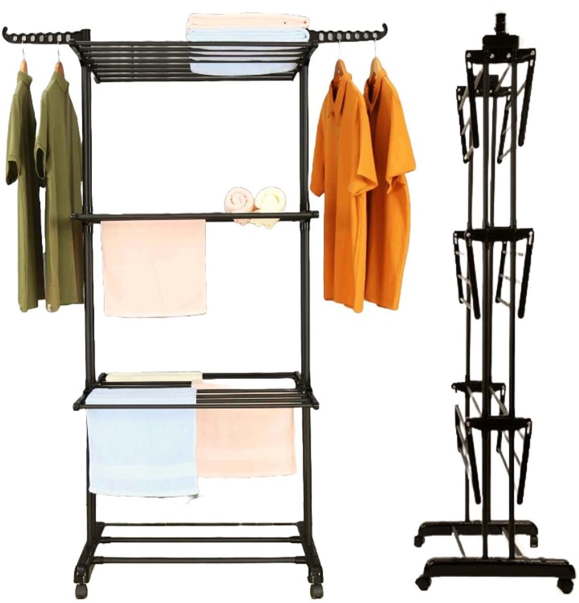 Wasrek Inklapbaar - 75x64x178 cm - Wastoren -Droogtoren met Wieltjes -Zwart — afbeelding 1