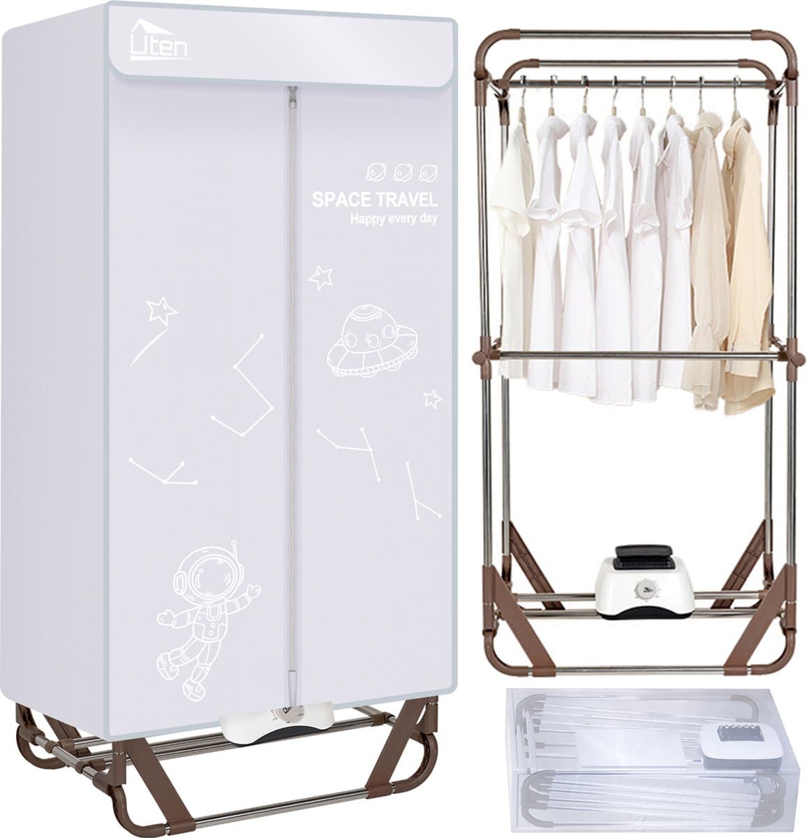 Uten Draagbare elektrische droger Gr886 - 2 lagen droog - Inklapbaar Design - Warmtepompdroger - 1500 W - Timer 0-180 Min - Droogrek met Verwarming - Wasdroger - Tot 10kg wasgoed - Als wasdroger, droogrek en Kledingkast- Hoogte 1.7 M - Grijs — afbeelding 1