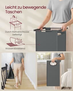 Wassorteerder - Wasmand - 2-delige wasmand met 2 planken - Was Sorteerder uittrekbare en uitneembare voeringen - kledingrek - 2 x 46 l - Grijs en zwart - 73 x 33 x 179 cm — thumbnail 3