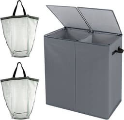 Livano Wasmand 2 Vakken - Wassorteerder - Laundry Basket - Wassorteerder Op Wieltjes - Bag - Donkergrijs - 166 Liter — thumbnail 1
