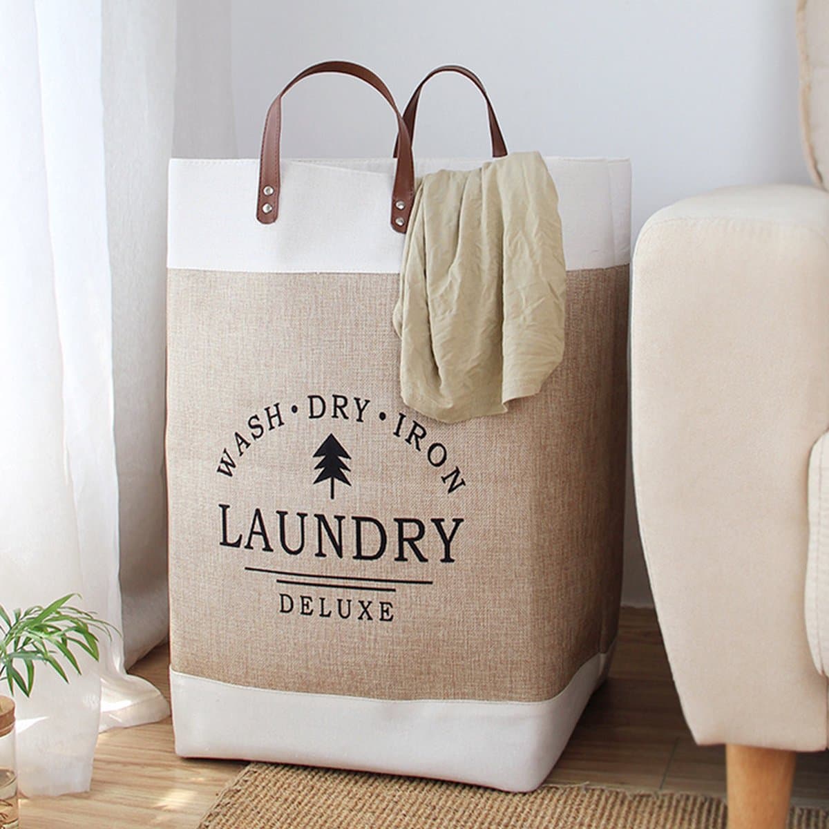 Stijlvolle Bedrukte Wasmand van Hoogwaardig Katoen-Linnen met Handvat - Chic en Ruimtebesparend Opbergwonder - Grote Capaciteit - Opvouwbaar Ontwerp40*30*55CM-beige — afbeelding 1