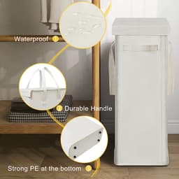 Slimme wasmand met deksel, 58 L, hoge smalle wasmand, ademend, inklapbaar, hoge smalle waszak, grote opbergmand, afvalbak voor wasgoed, slaapkamer, beige. — thumbnail 4