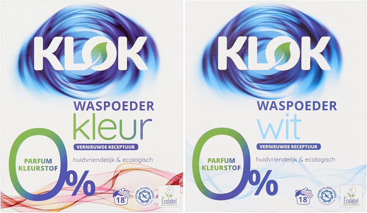 Waspoeder Klok kleur + wit 0% parfum kleurstof  2x 18 wasbeurten — afbeelding 1