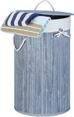 wasmand bamboe - 70 l - opvouwbaar - met deksel en katoenen waszak - Ø 41 cm - grijs — thumbnail 1