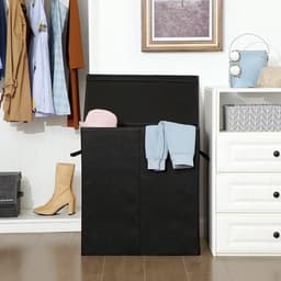 Wasmand 142 L, wasverzamelaar van imitatielinnen, wassorteerder, waskist met aparte vakken, magnetische deksel en handgrepen, opvouwbaar, waszak afneembaar, zwart HMLCB02BK — thumbnail 4