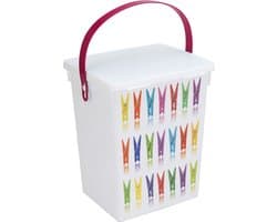Wasknijper bewaarbox - Kunststof - Wit/Roze - 5 liter - 23x18cm