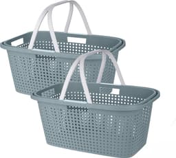 Wasmand met hengsel - 38 liter - 60 cm - groen/wit - Draagwasmanden - Wasgoedmand - Mand met handvatten — thumbnail 2